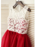 Ivory Lace Red Tulle Knee Length Flower Girl Dress